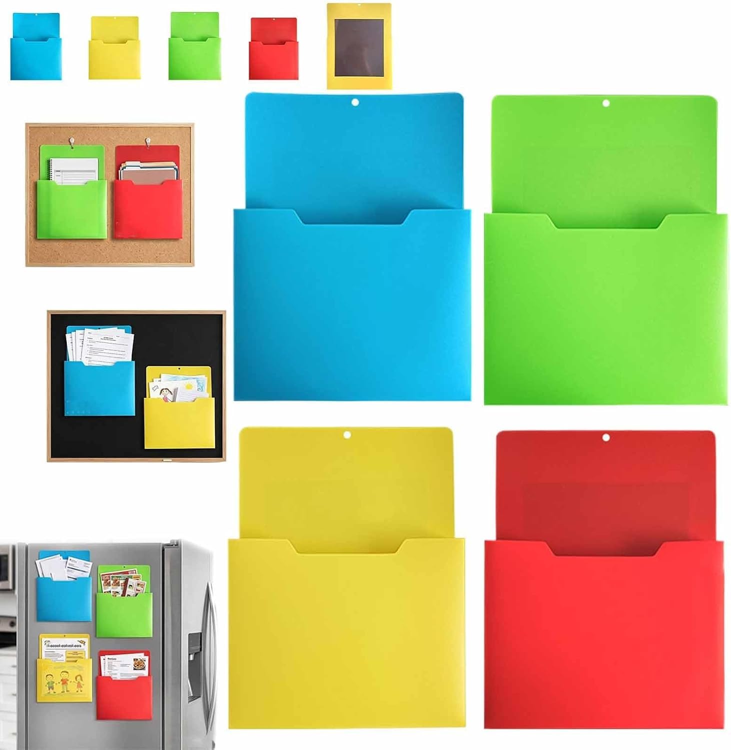 Magnetic File Holder No-Drill Paper Folder Organizer, Hanging Storage Rack for Fridge Cabinet Whiteboard & Office Magnetic Mail Letter Magazine Holder for Wall & Classroom (4pcs)