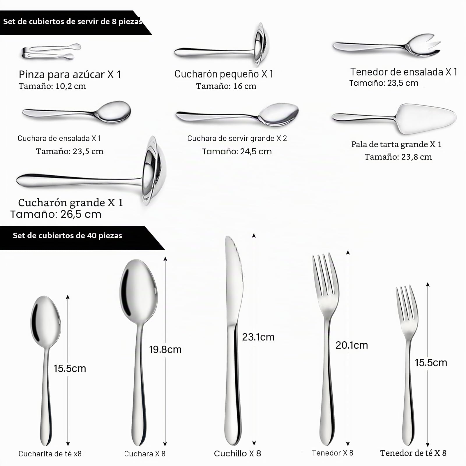 Juego de cubertería de 48 piezas, acero inoxidable pulido, para 8 personas con cubiertos, set de servir de 10 piezas, compuesto de cuchillo, utensilio para servir, apto para lavavajillas (plata)