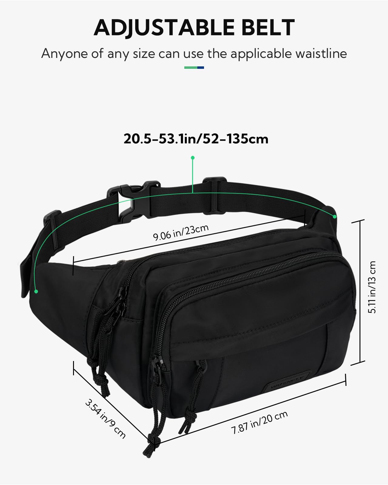 WATERFLY Marsupio: marsupio a tracolla per donne e uomini, con 7 tasche con cerniera, cinghia regolabile, marsupio per viaggi, ciclismo, corsa, escursionismo, Nero-01, Marsupio multitasche