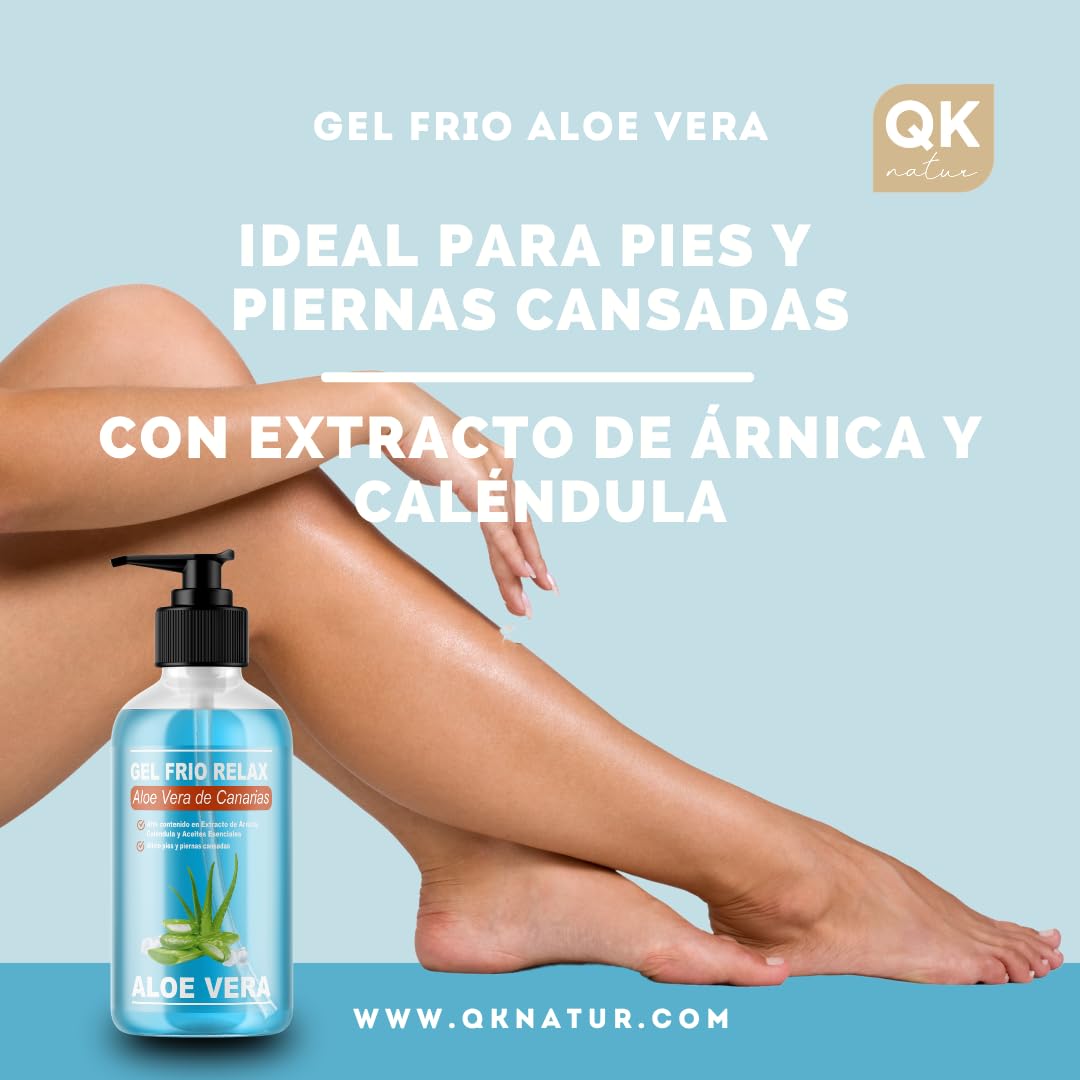 QKnatur - GEL FRIO ALOE VERA DE CANARIAS BIO - Con extracto de Arnica y Calendula. Efecto refrescante y calmante, alivia las piernas cansadas, estimula la circulación (500 ml)
