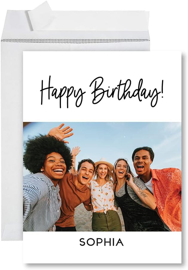 Andaz Press 8.5"x11" Personalized Photo Birthday Card with Envelope, Jumbo Happy Birthday Card for Her Mom Him, Birthday Keepsake Gift, Script Custom Photo Greeting Card, Birthday Gifts for Women, Men