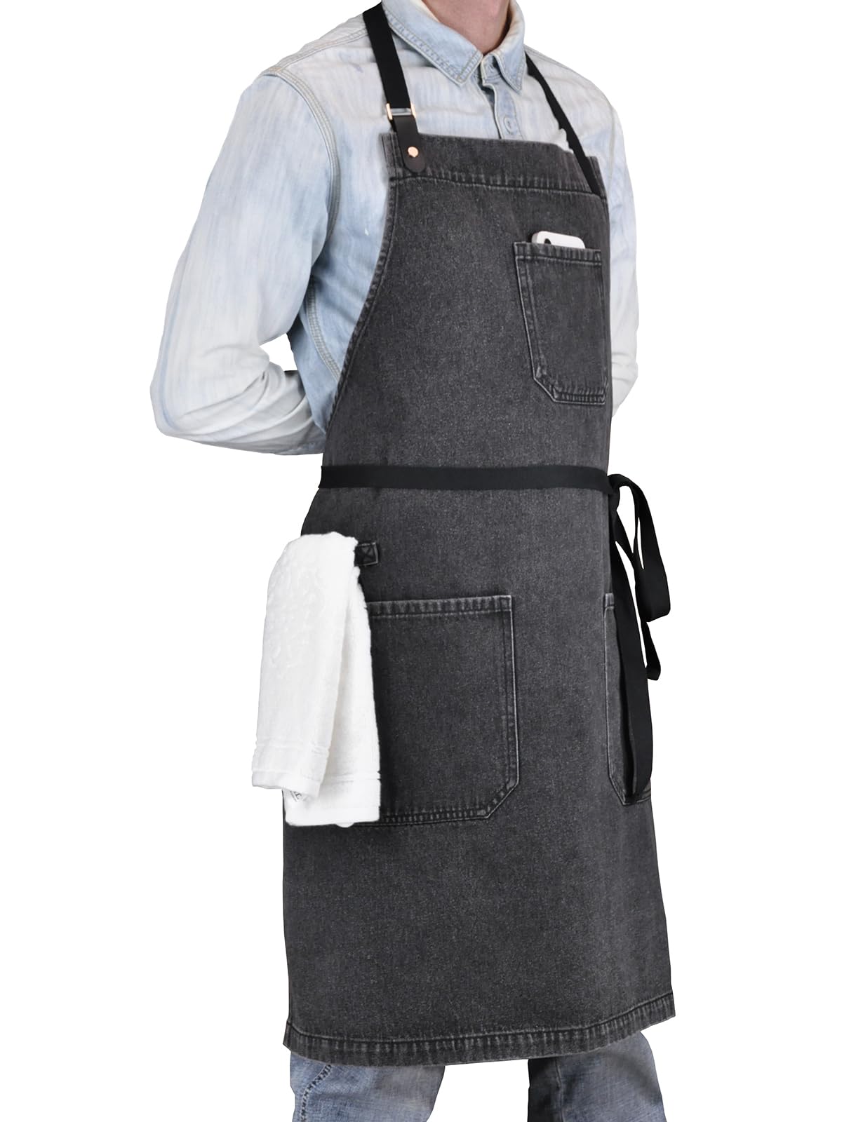 Delantal de chef profesional con bolsillos, delantal de mezclilla negro para cocina, cocina, parrilla, barbacoa, con lazo para toalla y correas ajustables para el cuello, Black Denim