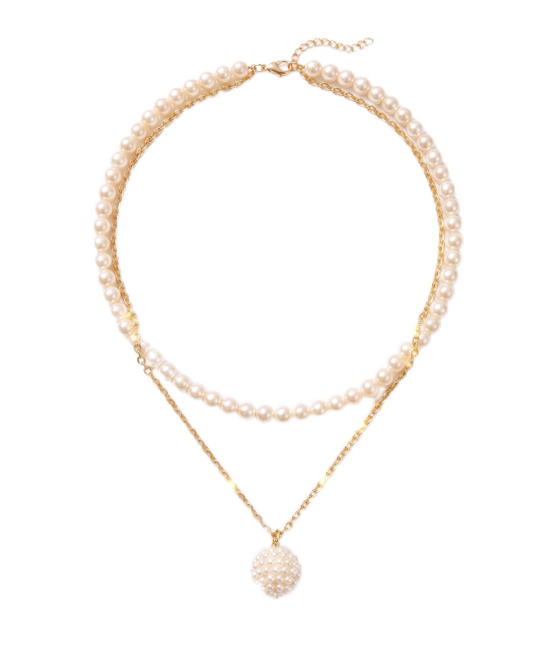 Layered Pearls Strand Necklace with Gold Chain & Pearl Ball Pendant | Vintage-Style Double Layer Pearl Choker & Long Pendant Necklace Set for Women, Formal Jewelry & Gift Idea-image-30