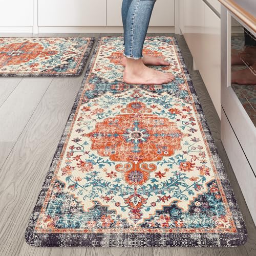Listado de Piso naranja los 10 mejores. 45 KIMODE - Juego de 2 alfombrillas de cocina antifatiga para piso, estilo bohemio, clásico, antideslizantes, cómodas alfombras para el piso de la cocina, fregadero, computadora,...