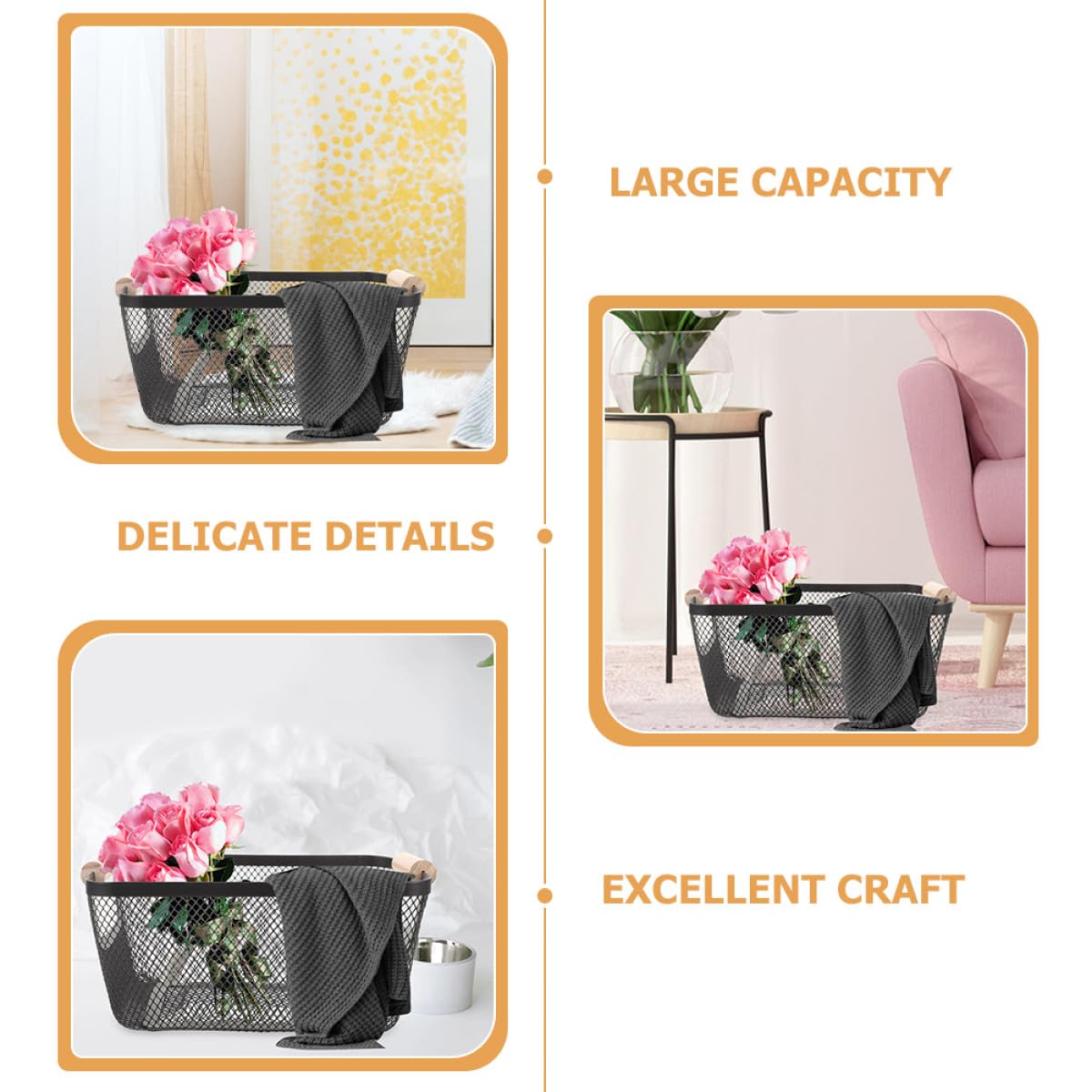 Cesta de Alambre Metálica Negra Mediana Asa de Madera, Cesta Rectangular para Almacenamiento en Baño y Estantes, Organizador Resistente y Decorativo Estilo Nórdico