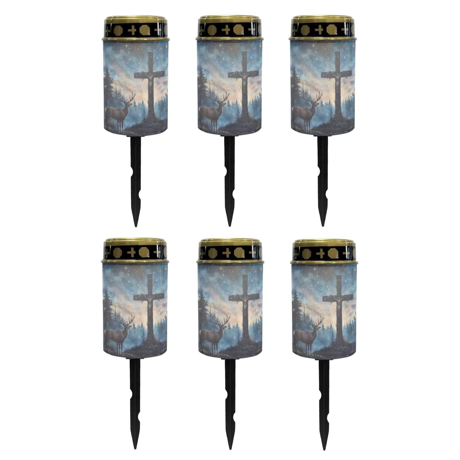 Poceacles 6 Pieces Cross Solar Powered Outdoor Lights Cemetery Solar Candle Solar Memorial Lights Outdoor Waterproof Landscape Lights for Yard Patio Lawn Outdoor Home Decor, Deer Cross Galaxy Blue