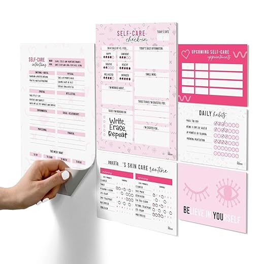 Organizador de autocuidado M.C. Squares | Lista de verificação de rotina de beleza diária e semanal reutilizável apagável a seco com marcador aderente sem manchas | Adere a aço inoxidável e vidro |