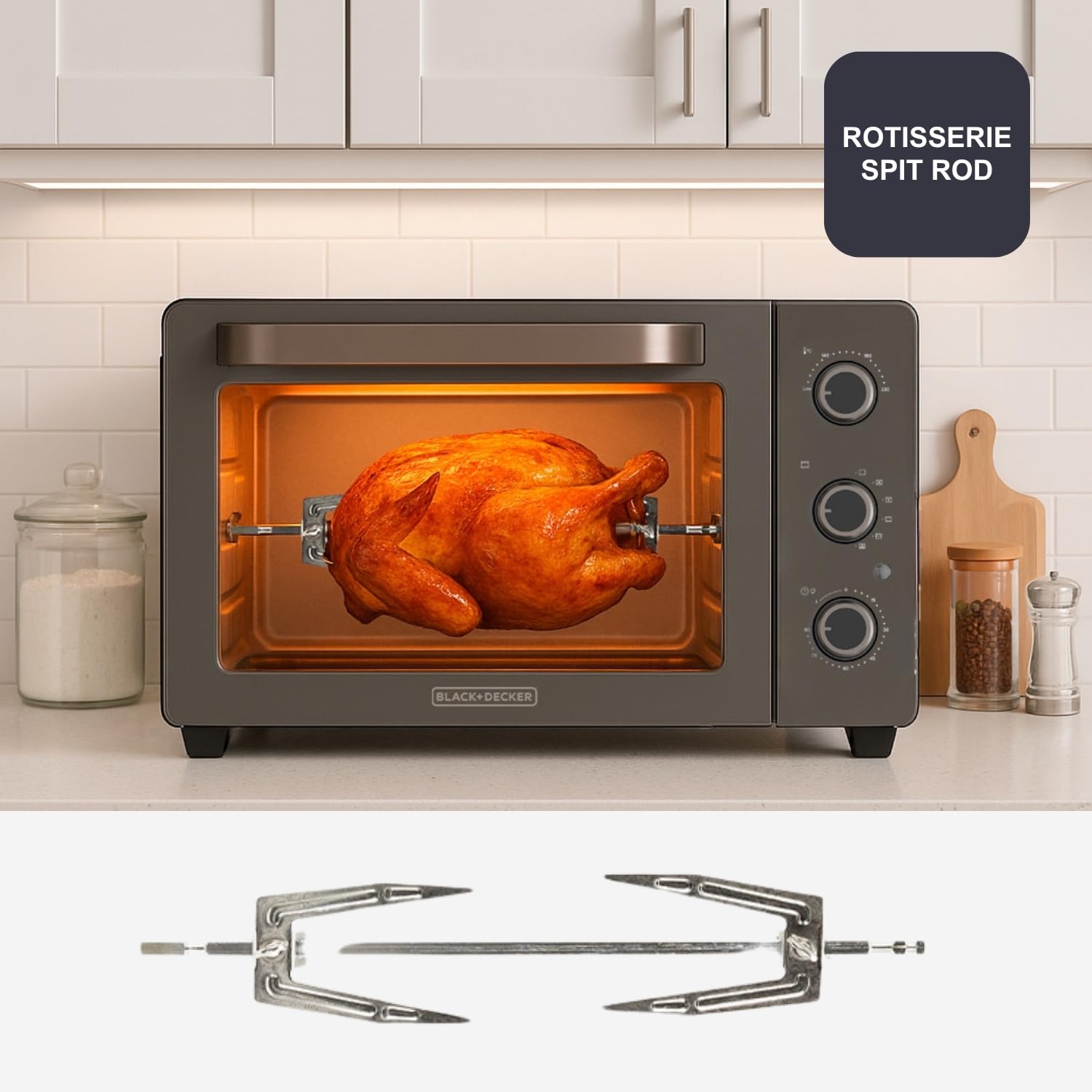 Black+Decker – Horno de sobremesa eléctrico BXOV3000E | 1500W | 30L | Grill | Superior | Convección | Timer 90 min | STAY ON | Doble cristal | Luz interior | Bandeja recogemigas | Rustidor