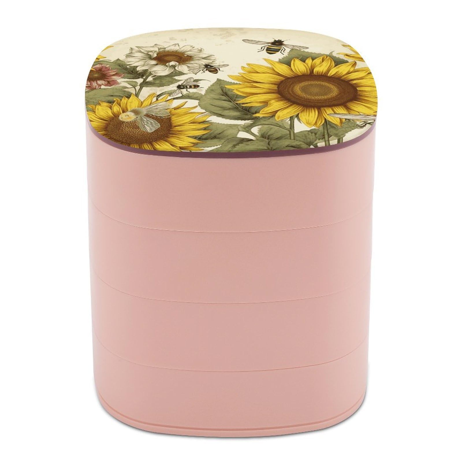 JTREHY Bees Sunflowers Daisy Rose Flowers Jewelry Box 4-Layer Covered Rotating Jewelry Storage Box Large Capacity Storage Boxes Portable Jewelry Case for Bracelets Earrings Necklace