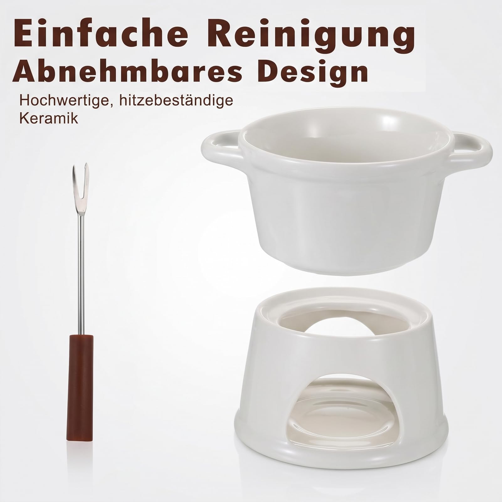 Schokofondue mit Doppelgriff, Schokofondue Tasse mit Gabeln, Keramik Fondue Tasse, Schokoladenfondue für Schokolade, Käse - Wichtelgeschenke
