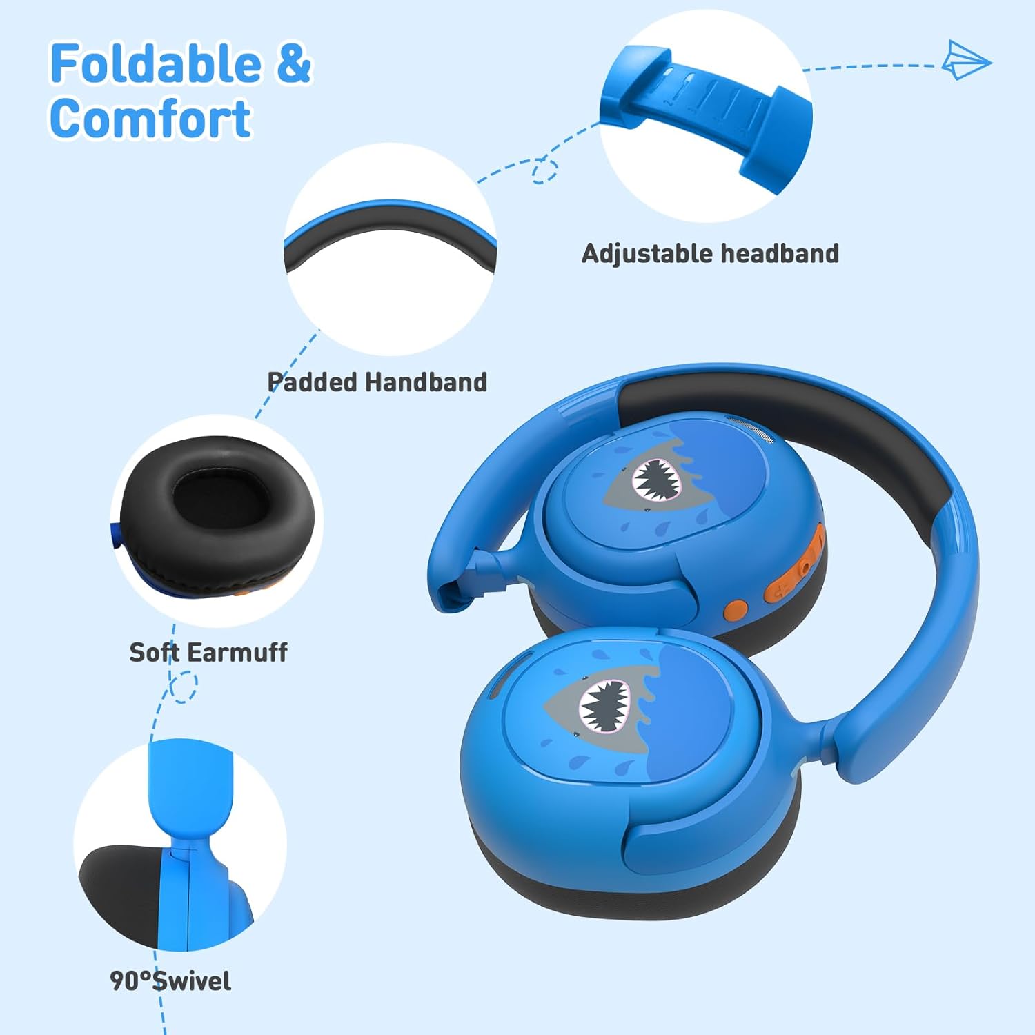 Kids Bluetooth Headphones, Wireless Headphones for Kids, 75/85/94dB Volume Limited, Built-in Mic, Fast Charging, Over-Ear Shark Childrens Boys Teens Headset for School/Tablet/Pad/Travel - Image 3