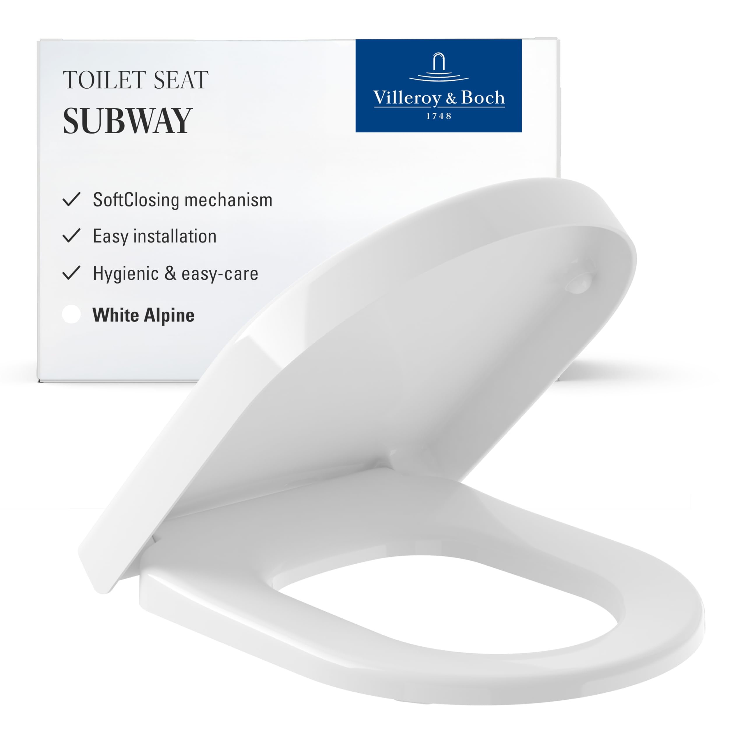 Villeroy & Boch Subway toilet seat, toilet lid with soft-closing mechanism, removable toilet seat made from break-proof Duroplast, toilet lid original spare part, D-shape, White Alpine, glossy