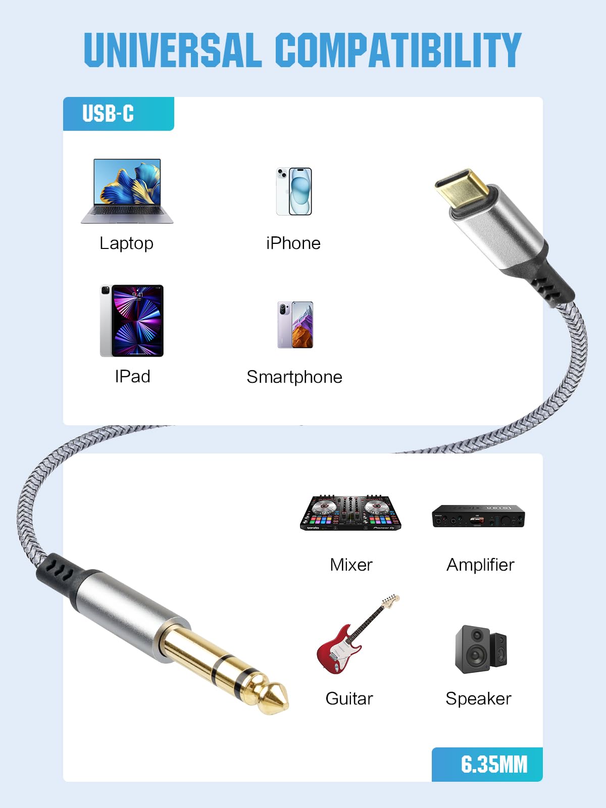 Paquete de 2 cables TRS USB C a 6,35 mm de 6,35 mm, 2 m, adaptador de audio tipo C a 1/4, cable estéreo auxiliar para teléfonos, amplificador, altavoz, auriculares, consola de mezcla compatible con