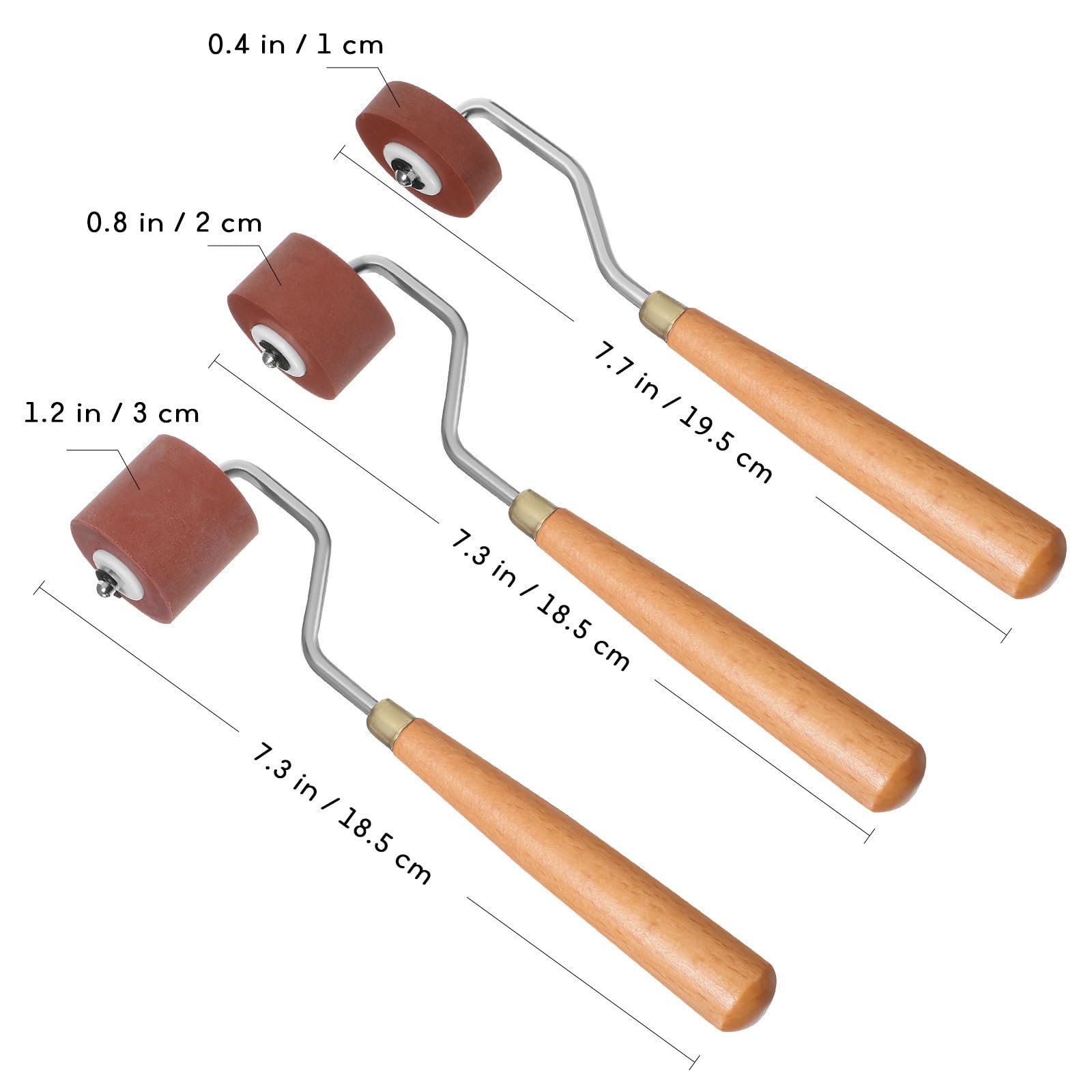 Alasum Rodillo de Goma para Manualidades y Estampado 3 Piezas de Diferentes Anchos, Material de Goma y Mango de Madera para Resultados de Impresión Excelentes