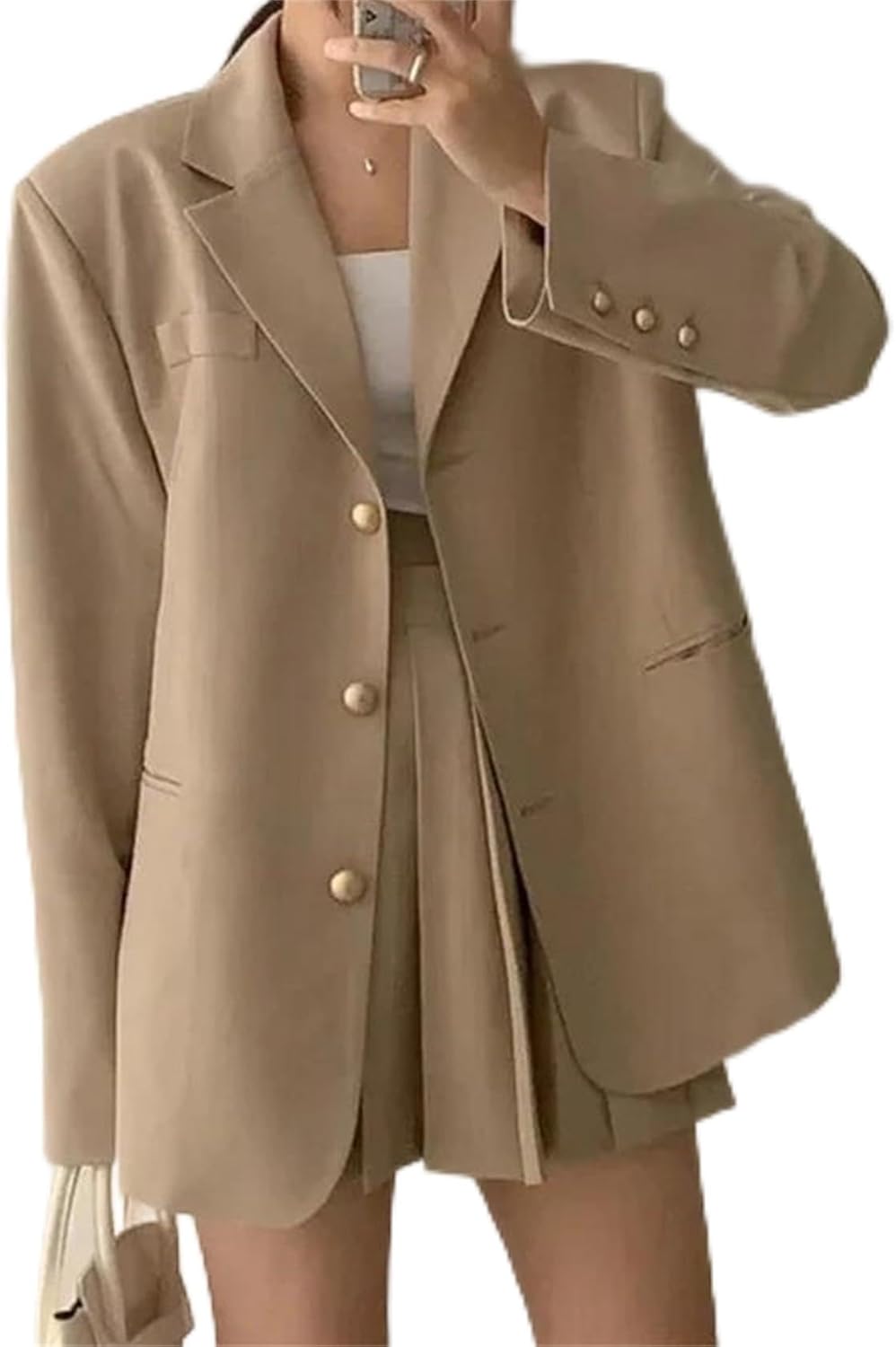 Women’S 2 Piece Outfit Suits Casual Lapel Loose Long Tops Coat Blazer Suit and High Waist Pleated Skirt Set Suit Sets
