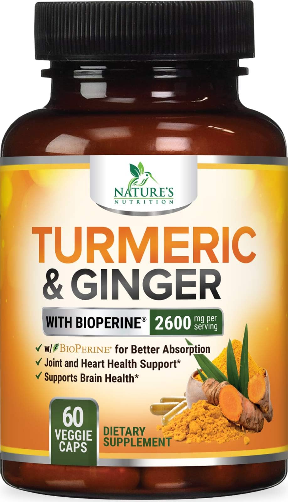 Turmeric Curcumin Supplement 2600mg with Organic Turmeric & Ginger - 95% Curcuminoids & BioPerine Black Pepper Extract for Best Absorption - Natural Vegan Joint Support, Bottled in USA - 60 Capsules 60 Count (Pack of 1)