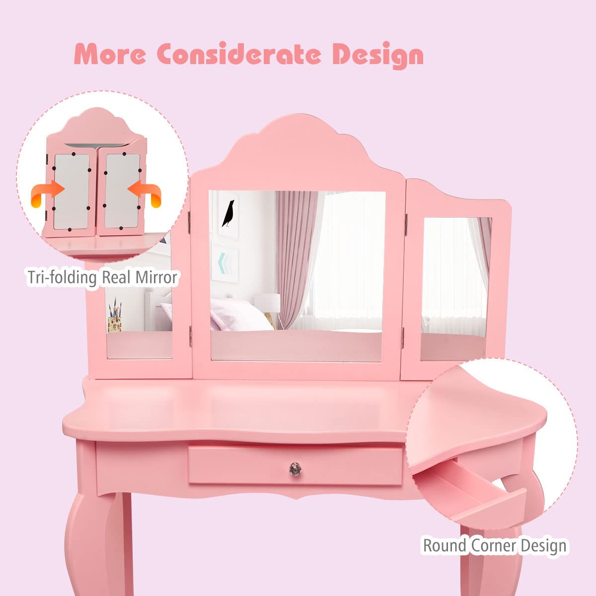 LIFEZEAL 2 in 1 Toeletta con Sgabello Bambina 3-7 Anni, Tavolo da Trucco, Set di Vanity, Mobile Specchiera,Specchio Triplice,Rimovibile,1 Cassetto,per Cameretta, Legno,Rosa,70 x 34 x 104cm (L x B x H)