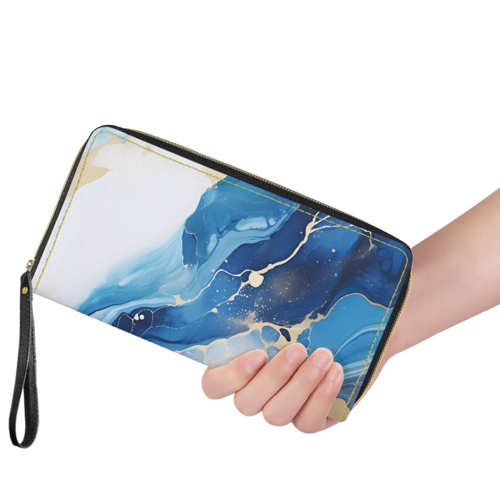 Portafoglio Donna Portamonete Porta Carte di Credito Donna Uomo Wallet | Portafogli con Zip e Cinturino da Polso Leggero Durabile Portatile,Impermeabile Cuoio,Marmo Blu 11x20cm/2 Unità