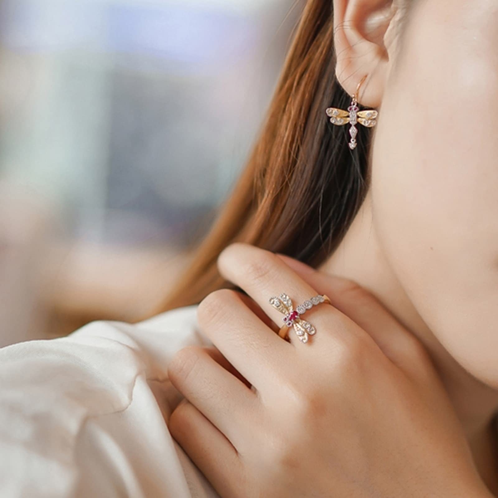 KnSam Echt Gold Ring Für Damen Schmuck Gold Au750 18K, Eheringe 0.2ct Rubin Libelle Pärchen Ringe mit Ovalschliff Eheringe