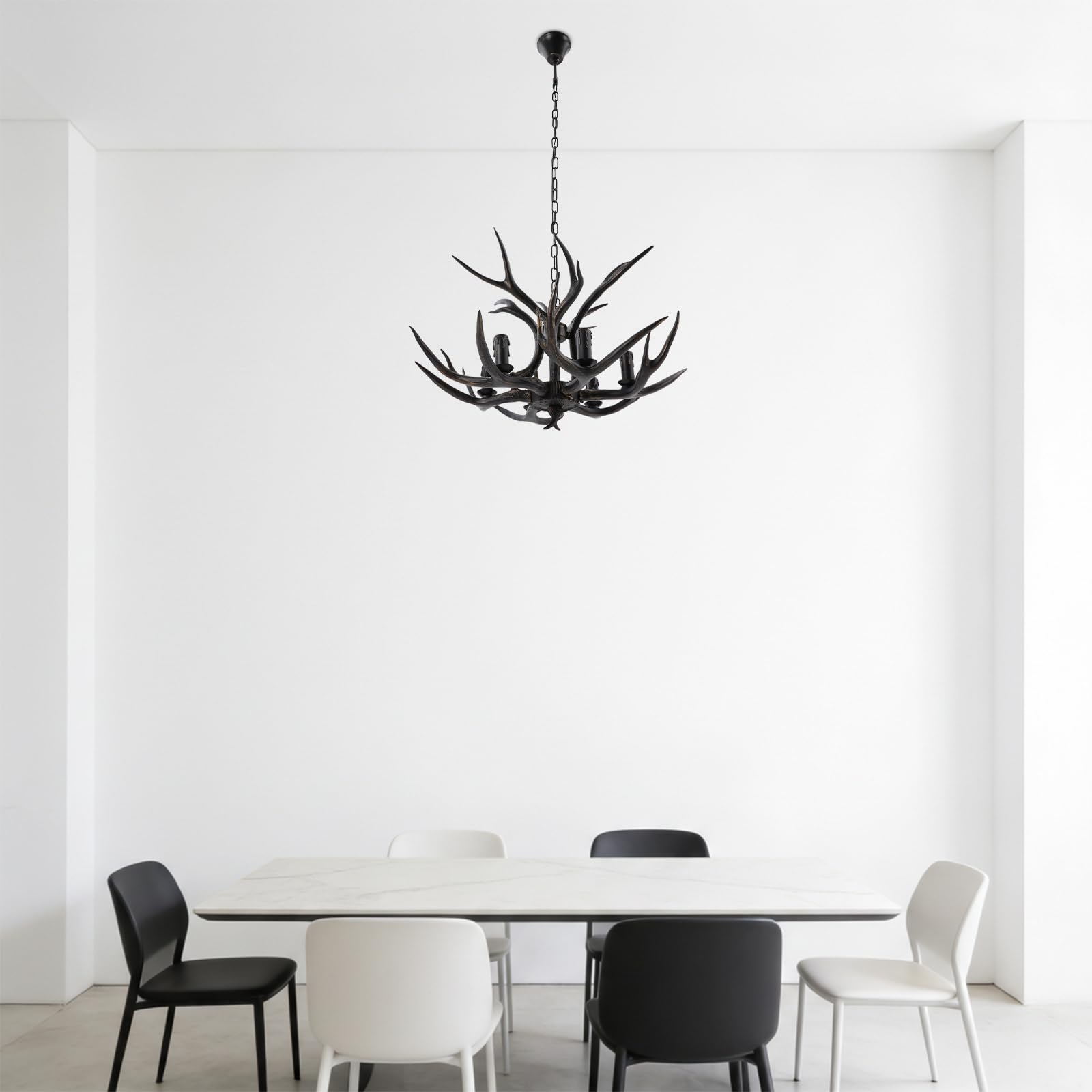 Geweih Kronleuchter E14 Schnittstelle Hirschgeweih Lampe 6 in 1 Kerze Type Geweihlampe Antik Hängeleucht 1M Einstellbare Ketten Retro Deckenlampe (ohne Glühbirne) (Schwarz, stück, 1.0, 1)