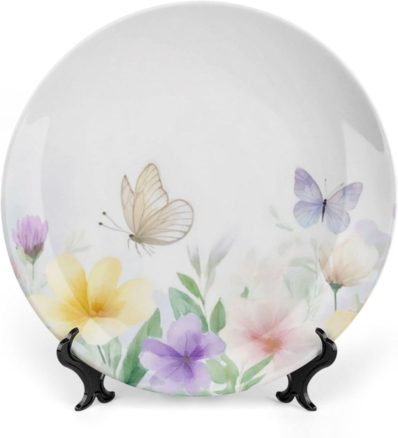 Flower Theme Decorative Ceramic Plate Round Porcelain Plate,10 inch,Spring Watercolor Pattern,for Decorative Ornaments Giving Plates,1 Plate with 1 Display Stand,Yellow Purple