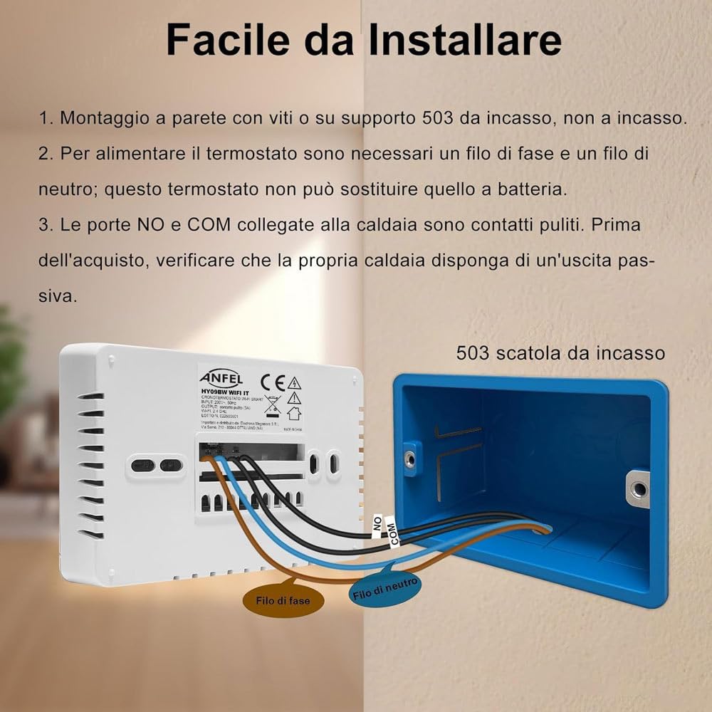 CRONOTERMOSTATO WIFI PROGRAMMABILE SMARTPHONE APP ALEXA TERMOSTATO CALDAIA DA PARETE O BOX 503 DISPLAY IN ITALIANO ALIMENTAZIONE 90-240 Vac DOPPIA FUNZIONE RISCALDAMENTO/CONDIZIONAMENTO
