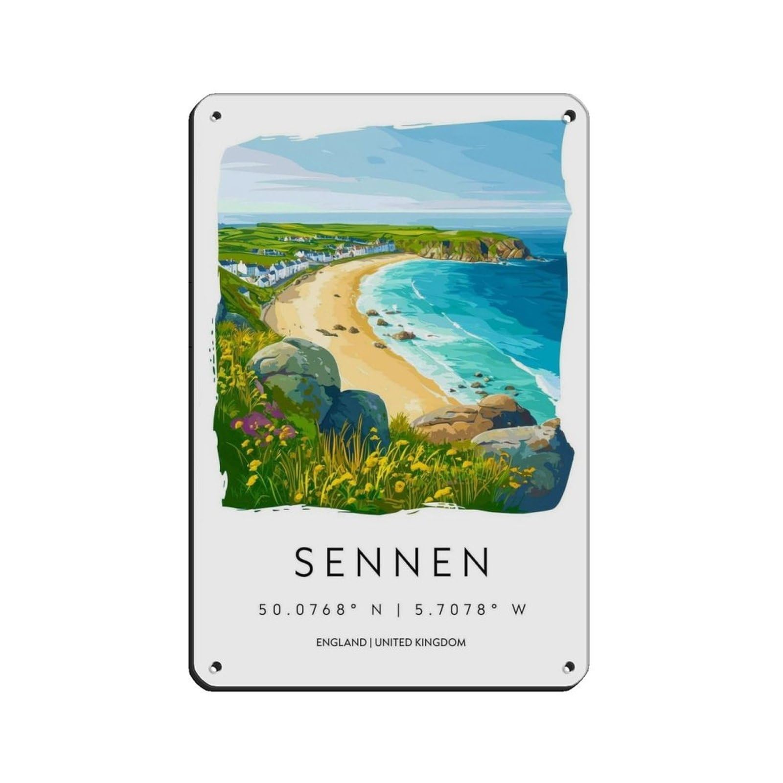 Sennen Watercolor Poster Sennen Cornwall Travel Tin Sign Vintage Metal Pub Club Cafe Bar Home Wall Art Decoration Poster Retro 8x12inch(20x30cm)