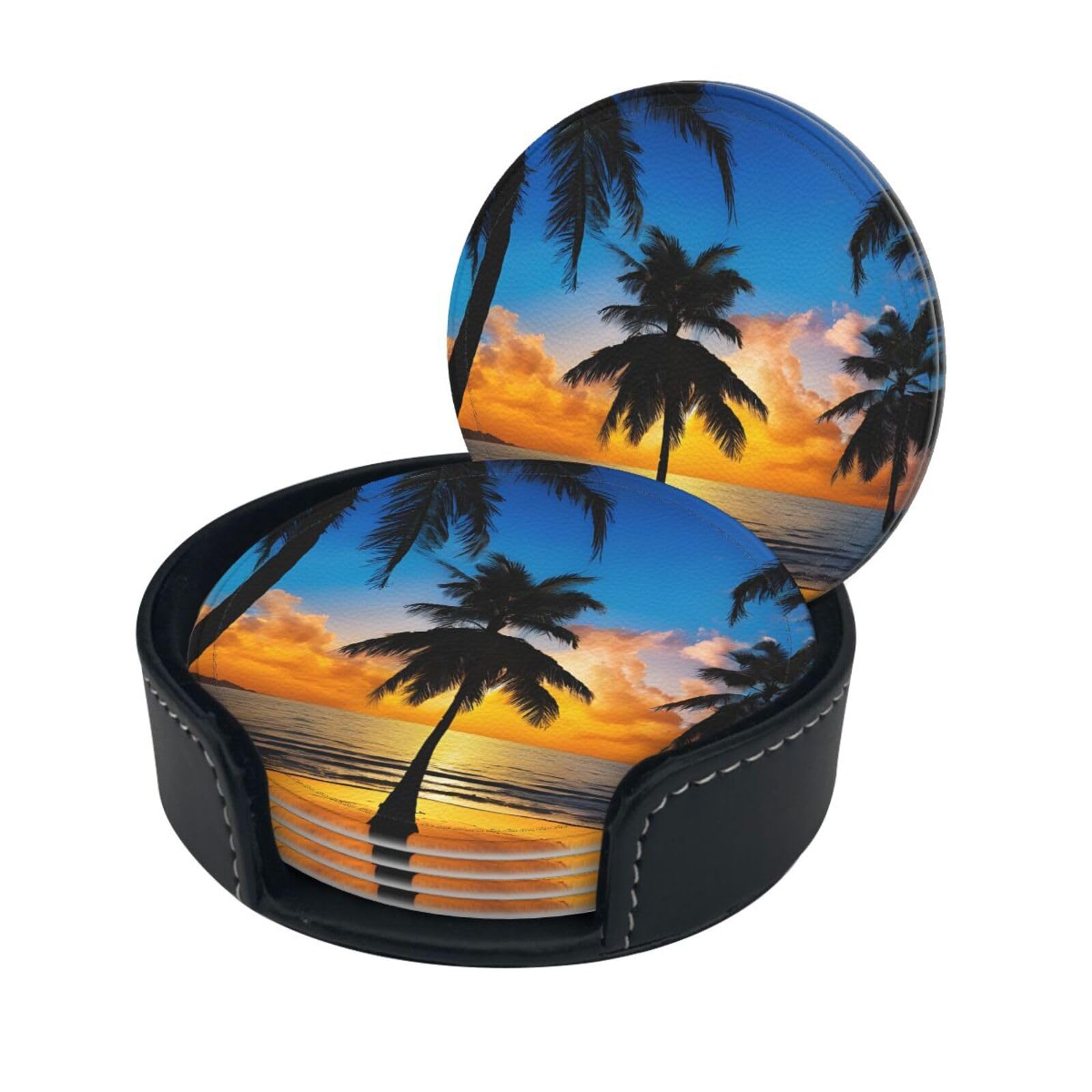Hawaii Beach Printed Leather Coasters (6-Pack) - Heat Resistant Drinks Cup Mat Pad for Home and Office Decor