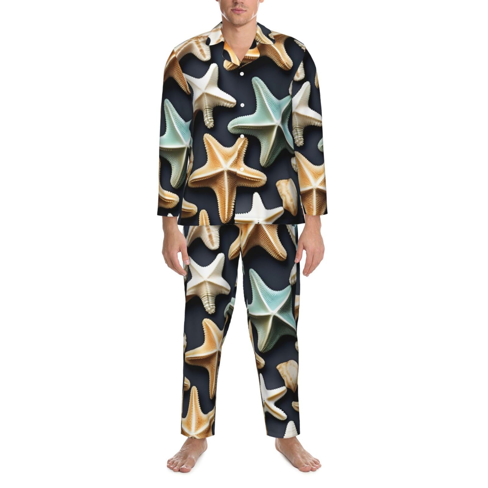 Herren-Pyjama-Set, langärmelig, Seesternmuster, zweiteilig, bequem, Nachtwäsche