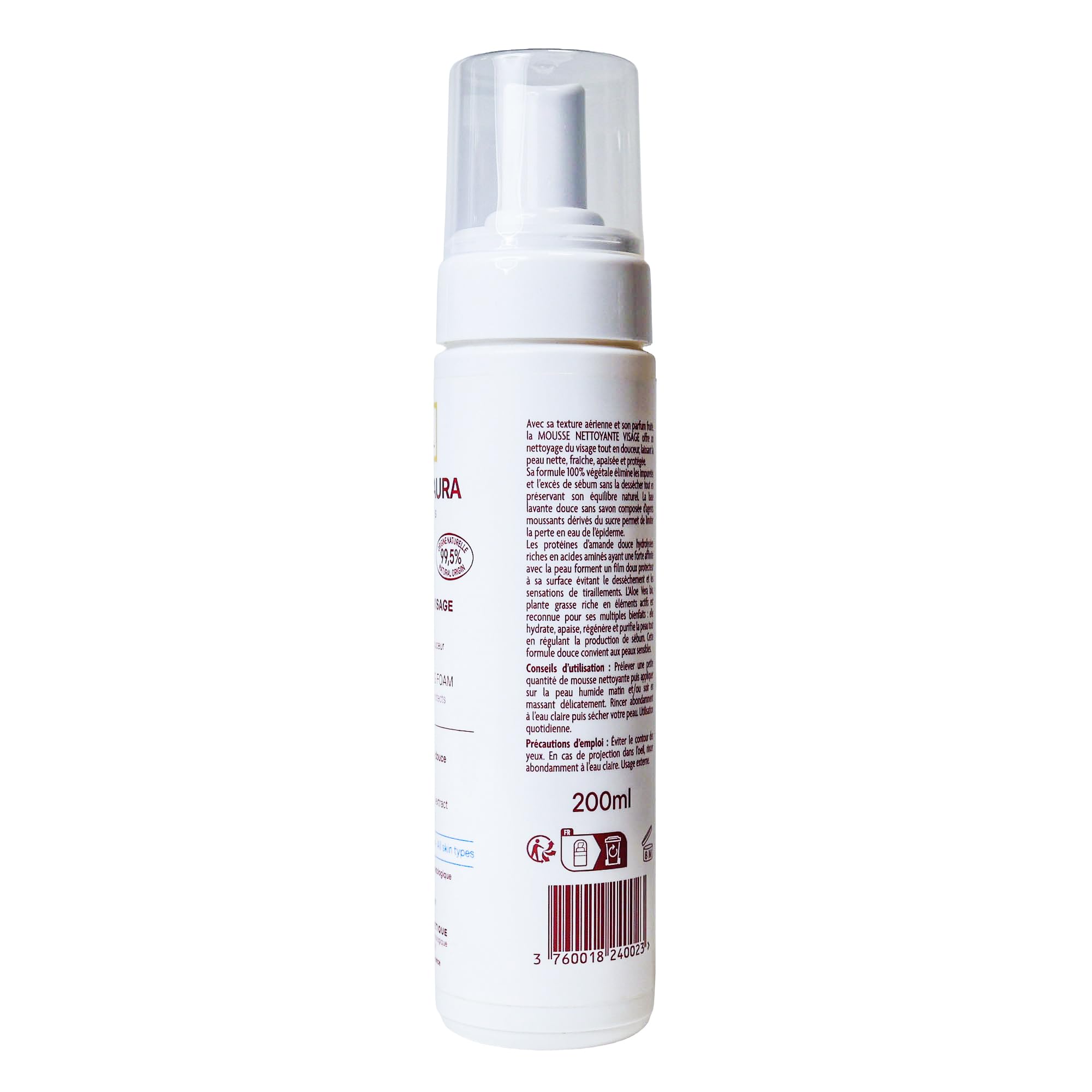 MELA' AURA Mousse Nettoyante Visage Bio, 99,5% Naturelle, Nettoyante et Hydratante, 200ml, avec Aloe Vera et Protéines d'Amande Douce