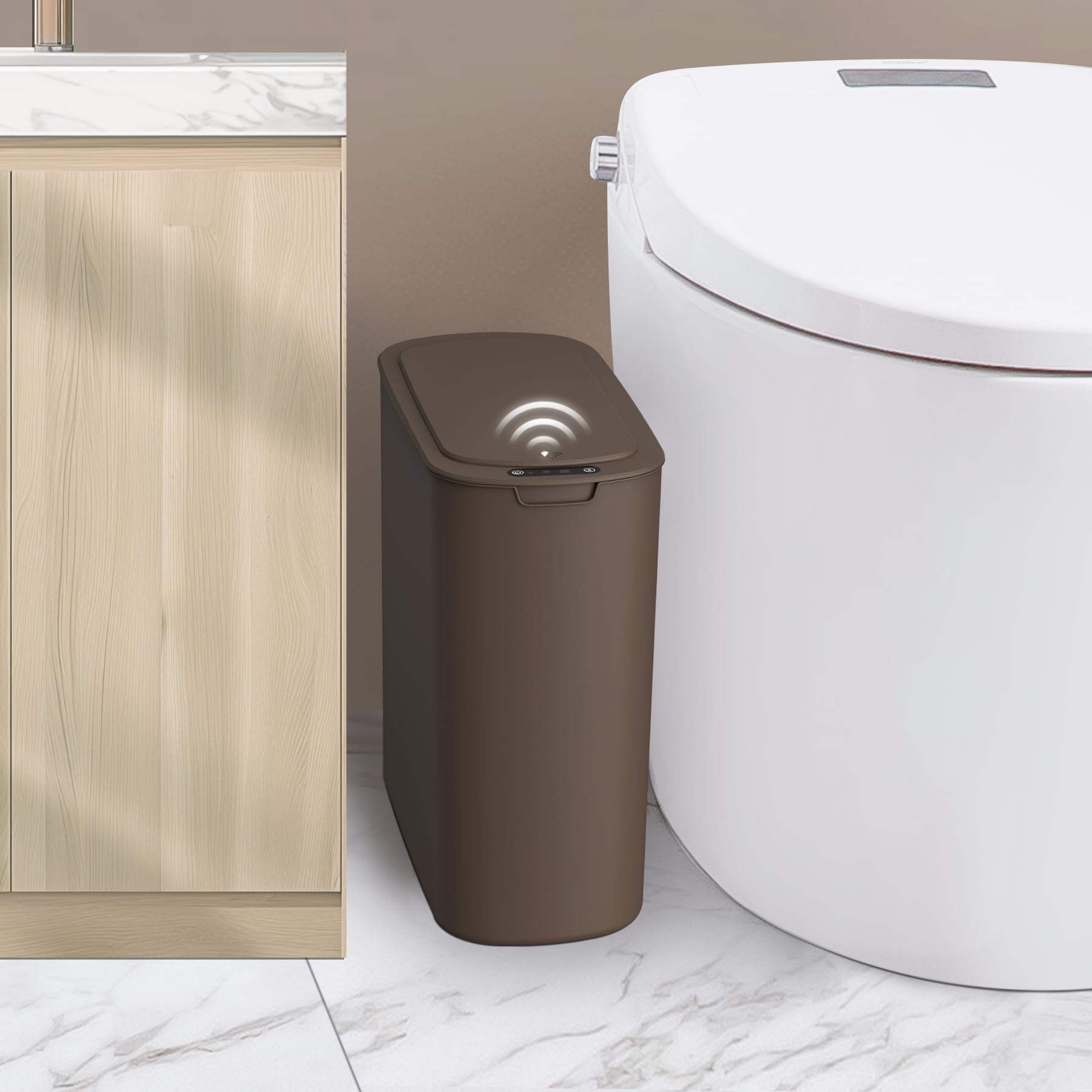 cesun automatic motion sensor bathroom trash can with lid, 2.6 gallon touchless trash bin, smart plastic slim garbage can small brown wastebasket for toilet, office, rv, bedroom, living room