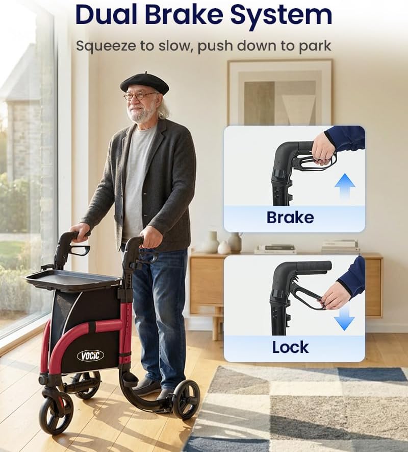 Illustrations of the dual brake system on the VOCIC Z25 Pro rollator, showing how to squeeze for braking and push down to lock