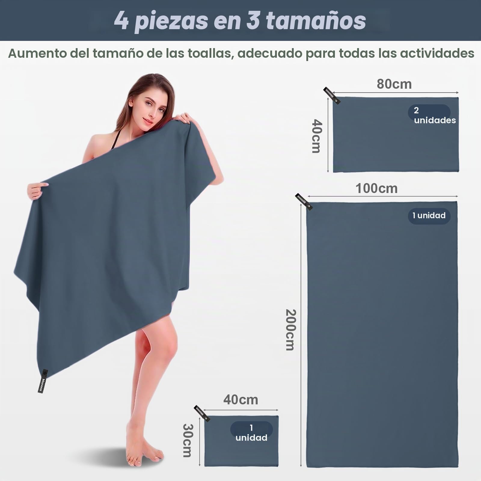 Juego de 4 Toalla Microfibra,200x100cm+2 Piezas 80x40cm+40x30cm Toalla de Gimnasio-Absorbente y Secado Rápido-Toallas Playa Grande Toallas Baño para Viaje Fitness-Azul Marino