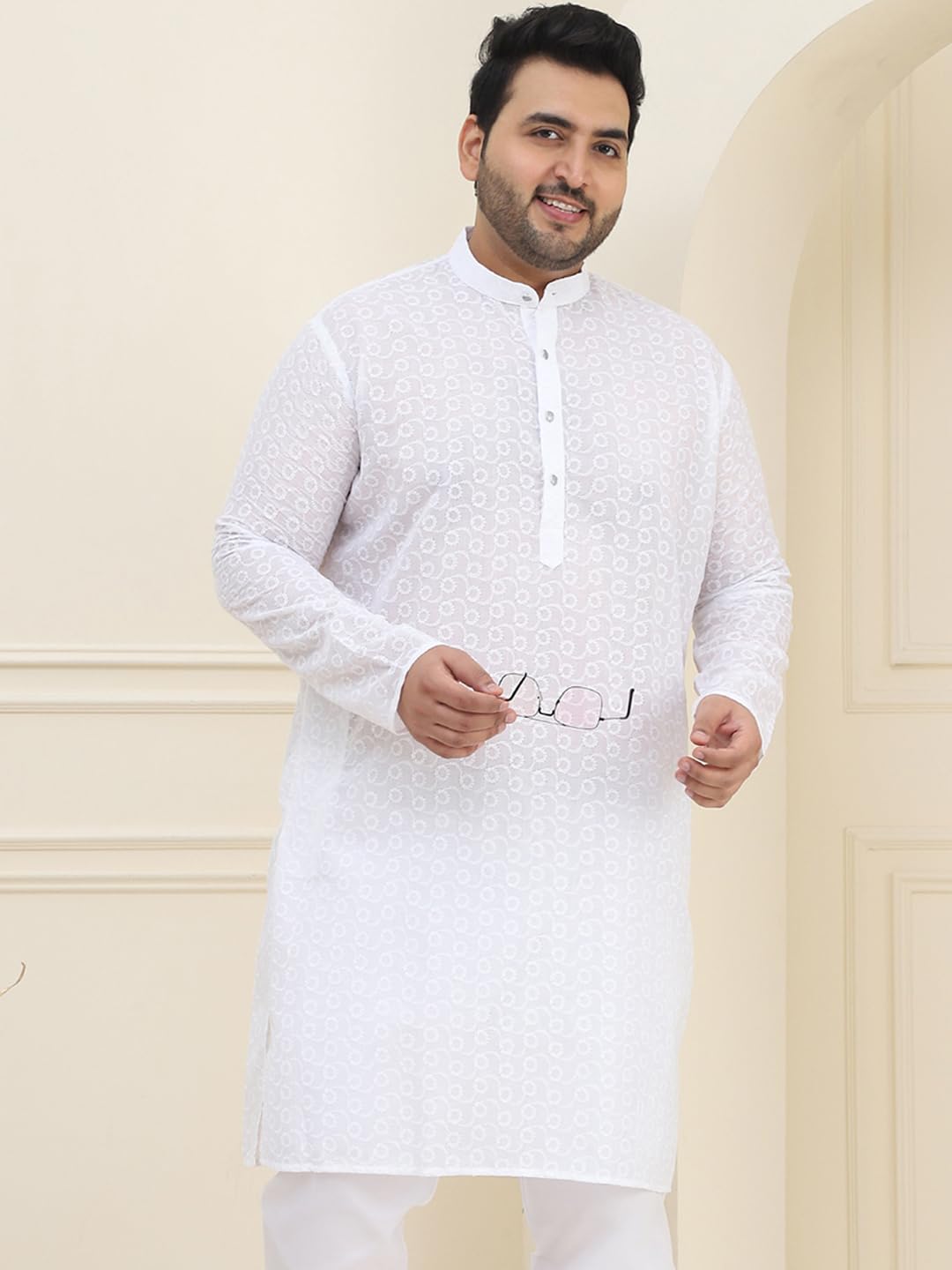 Sojanya Plus(Since 1958) Men's 100% Cotton White Chikankari Kurta