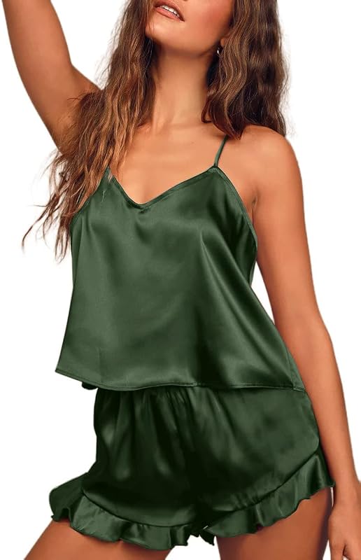 Conjunto de pijama acetinado Ekouaer feminino com blusa de alças e shorts