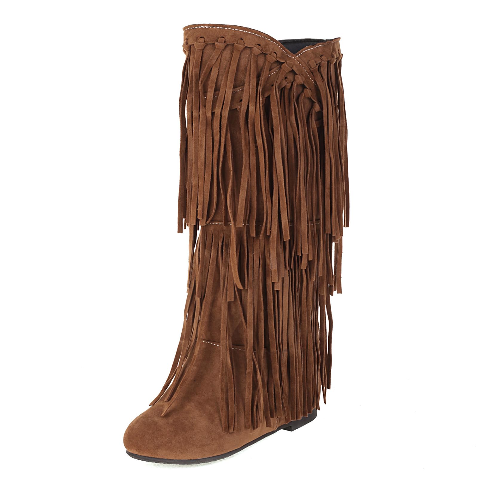 Womens Fringe Western Boots Fashion Round Toe Suede Knee High Cowboy Boots for Women Pull On Tassel Cowgirl