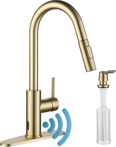 CASAINC Grifo de cocina con rociador extraíble, oro cepillado, 1.8 GPM, 16.89 pulgadas de alto, con sensor de movimiento sin contacto, grifo de
