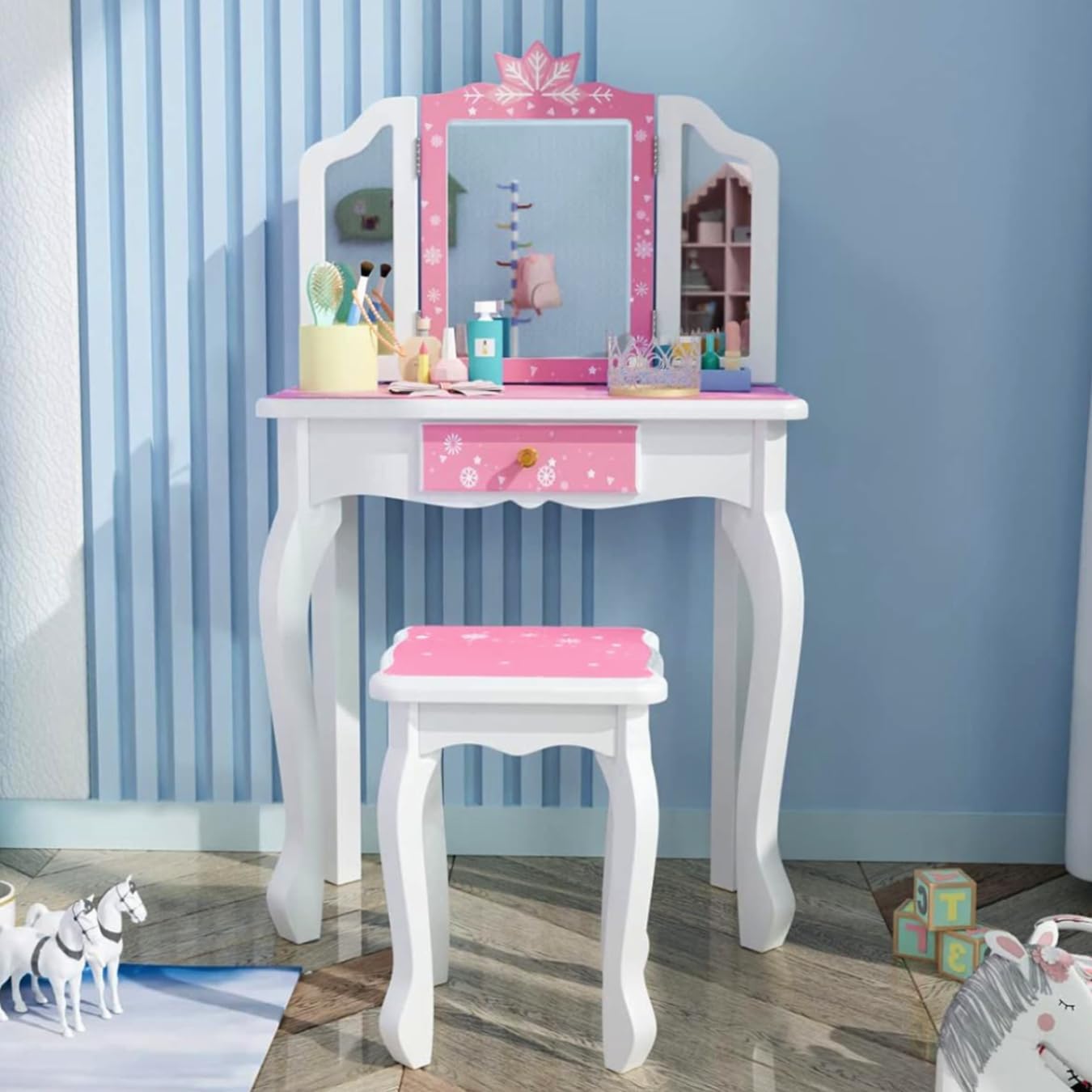 JOYMOR Kids Vanity Set, Wooden Princess Makeup Table with Stool, Tri-Folding Mirror, Large Drawer, Solid Wooden Legs, Beauty Make Up Dressing Set for Girls Best Gift (Pink)