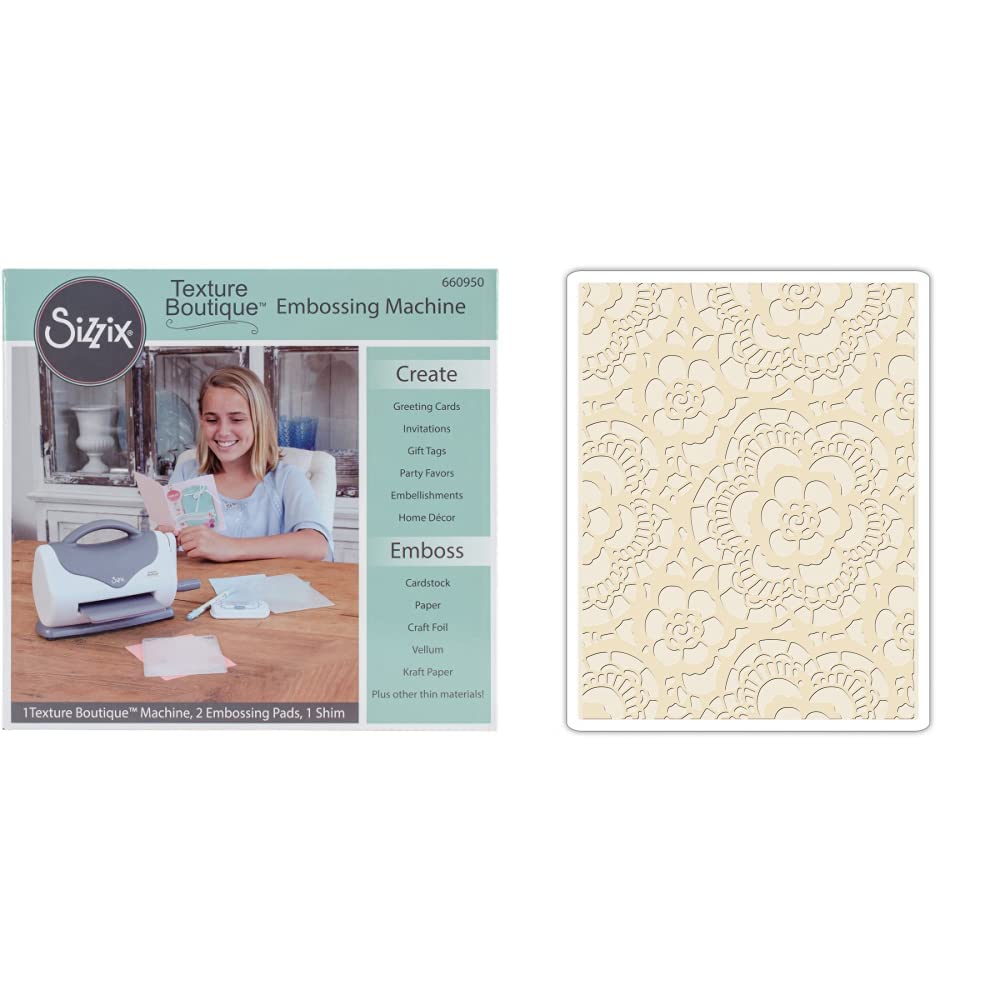 Sizzix, White and Gray 660950 Texture Boutique Embossing Machine,White/Gray  & Multi Color, Embossing Folder 661824, Lace, One Size
