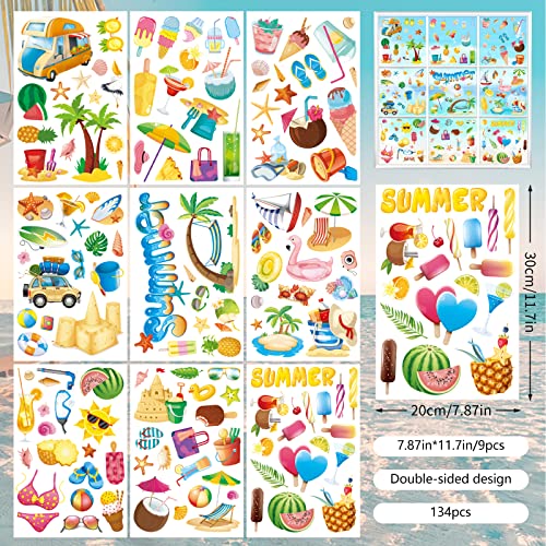Image of 134PCS Summer Window Clings,Reusable Double-Sided Spring Summer Window Stickers,Reusable Static Beach Clings,Vibrant Seasonal Window Decals for Tropical Home Decor (9 Sheets)