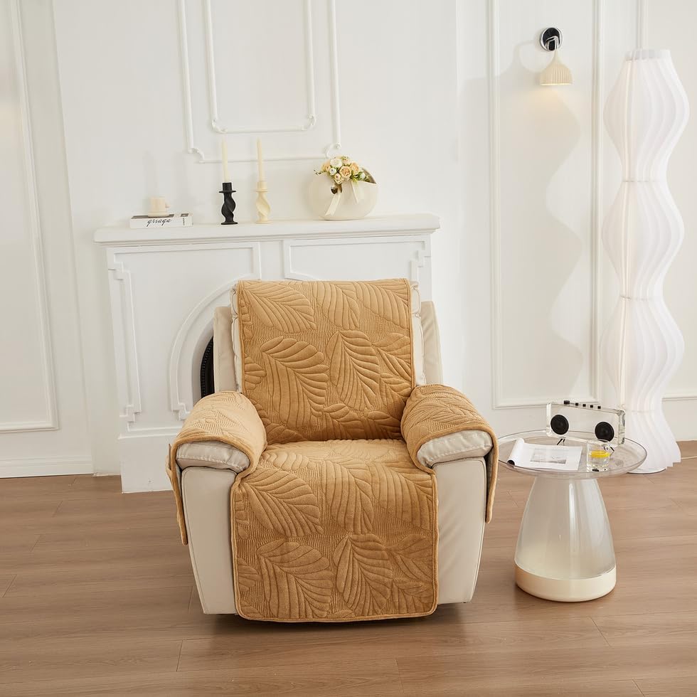ROOMLIFE Palm Leaves Velvet Plush Quilted Recliner Chair Covers, Soft Non-Slip Dog Chair Cover Furniture Protector Washable Slipcover with Pocket, Elastic Straps for Pets, Kids (Khaki, 23.6"X 91")