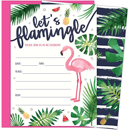 Let’s Flamingle Party Invitations With Pink Flamingo And Palm Leaves. 25 Hot Pink Envelopes And Fill In Invites For Soirees, Bridal Showers, Baby Showers, Birthdays, Graduations, Summer Parties #TOP6
