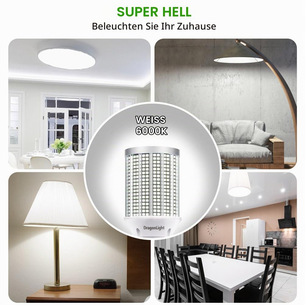 DragonLight 50W Superhelle Mais Licht LED Glühbirnen(Ersetzt 350Watt) - E27 Edison LED Lampe - 6000K Kaltweiß 6000LM für gewerbliche Beleuchtung - Garage Werkstatt Büro Hof(2er-Pack)