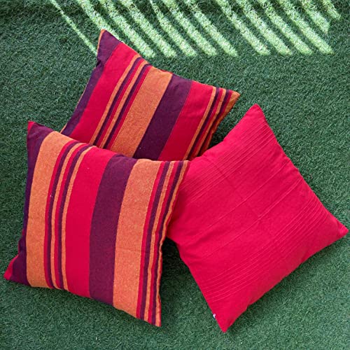 Image of RANGBHAR Handloom Cushion Covers with Concealed Top Zip, Set of 3, Striped, 16 x 16 inch, Red