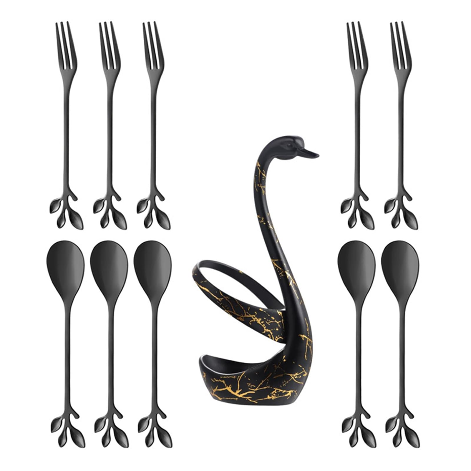 PANGBOER Multipurpose Stainless Steel Dessert Spoon and Salad Fork Set Cygnet Shape Stand Kitchen Utensils for Parties Kitchen Cutlery
