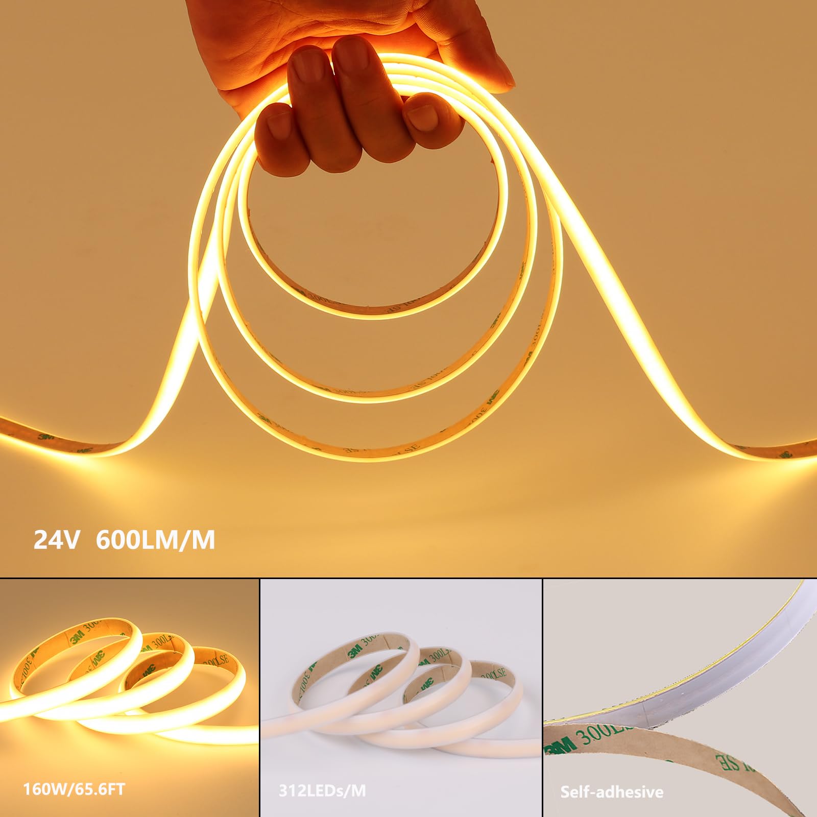 BENLUN Tira LED COB Difusa Exterior Impermeable 24V CRI 93 20 Metros Kit | 3000K Blanco Cálido Luces LED Flexible Adhesiva 160W IP65 con Transformador para Habitacion, Patio, Jardín, 10 Metros x 2