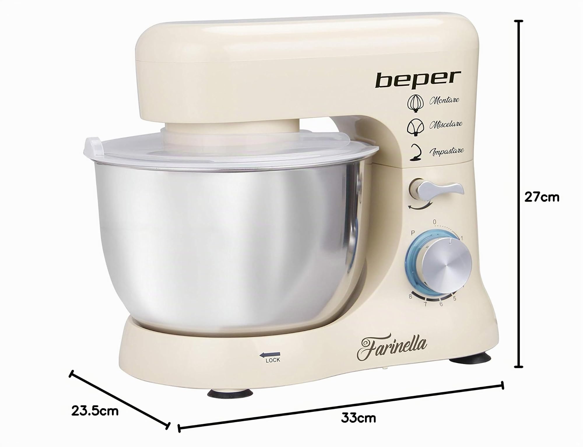 Beper BP.200 Robot pâtissier planétaire, puissance 1000 W, récipient en acier inoxydable de 4,5 L, pour pétrir, amalgamer et monter à neige, couleur crème