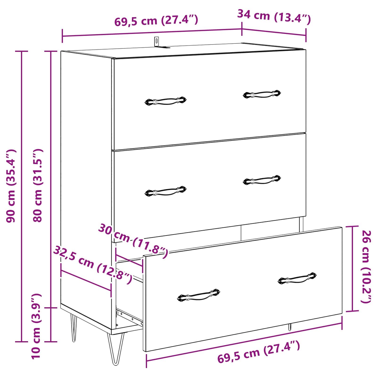 Buffet en chêne Artisan - 69,5 x 34 x 90 cm - Bois composite - Fer - Armoire de salon rustique avec tiroirs - Commode pour couloir, cuisine et chambre à coucher