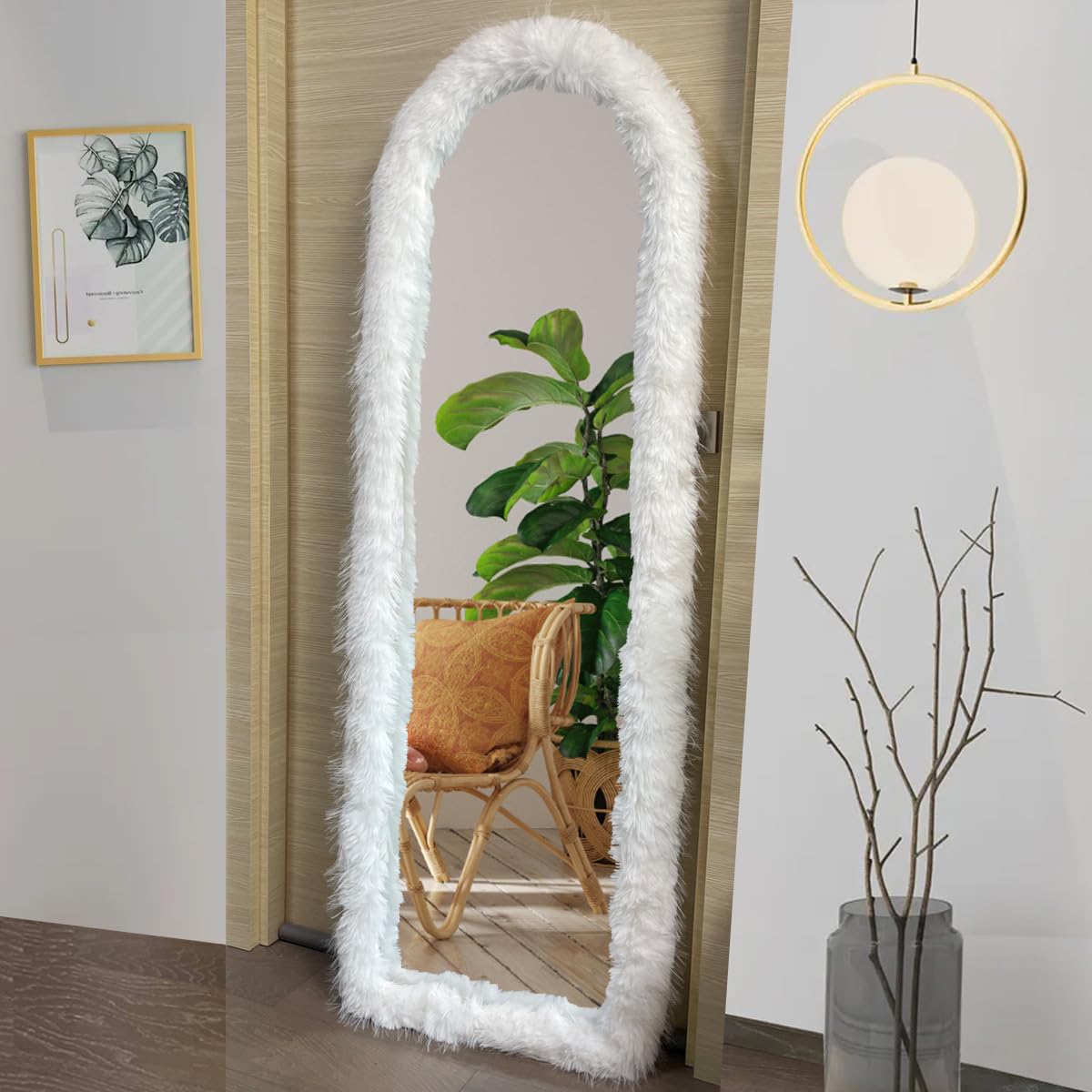 UYRIE Fluffy Mirror Frame Cover for Arched & Full-Length Mirrors – Stretchy, Non-Slip Fit, 6 Neutral Colors – Soft & Durable Décor (Mirror Not Included) (White001, 59"x16)