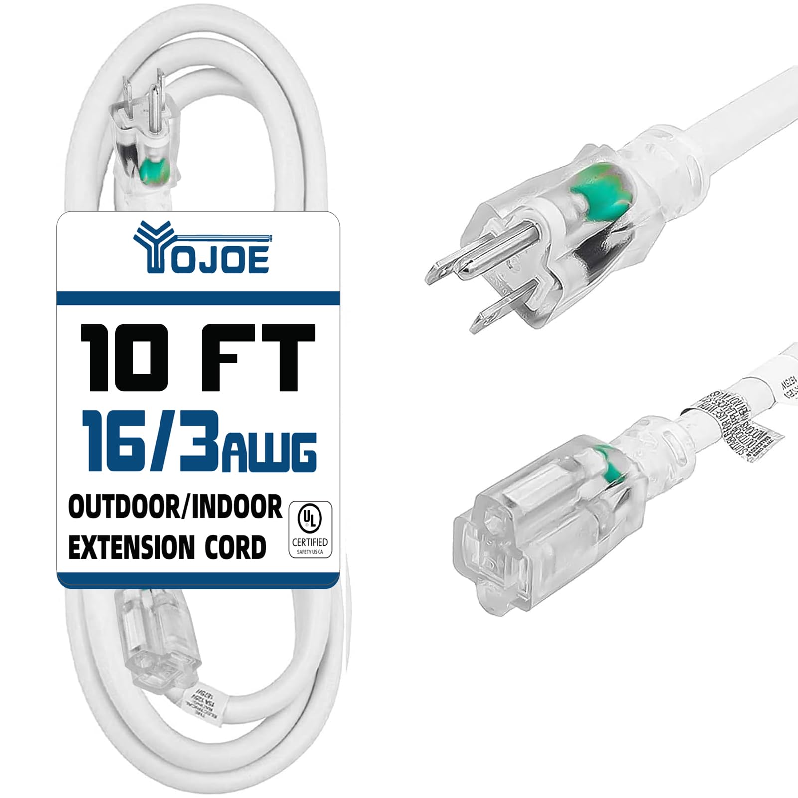 YOJOE Indoor Outdoor Extension Cord with Lighted End, 3 Prong 13A Weatherproof Power Cord, 16 Gauge Heavy Duty 10 ft White Extension Cord for Garage,